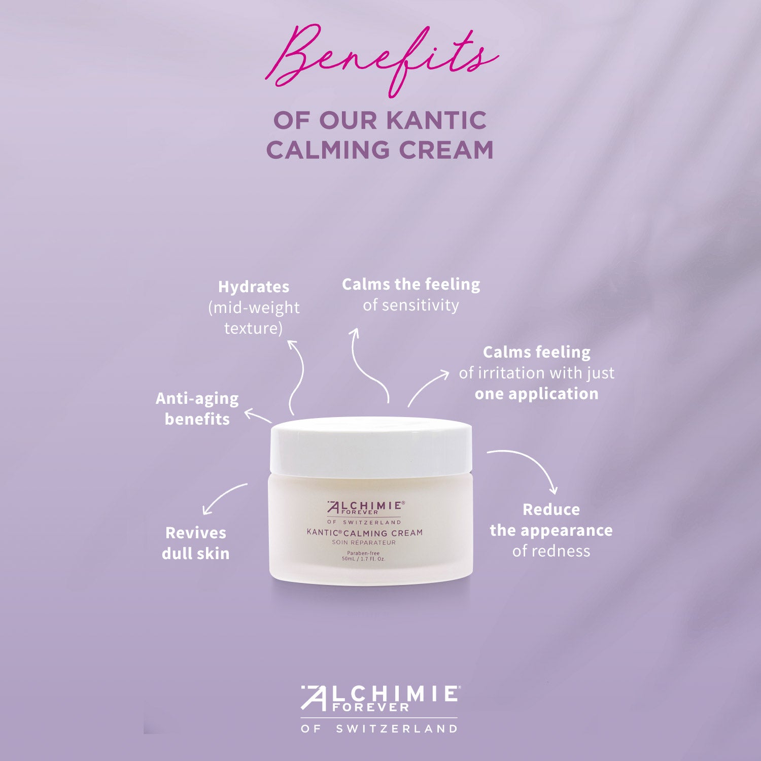 Kantic Calming Cream Benefits.  Hydrates, calms, and revies dull skin while reducing the appearance of redness.
