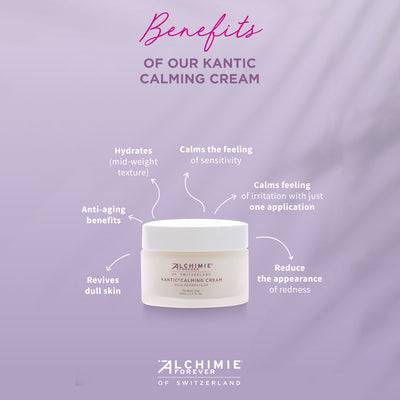 Kantic Calming Cream Benefits.  Hydrates, calms, and revies dull skin while reducing the appearance of redness.