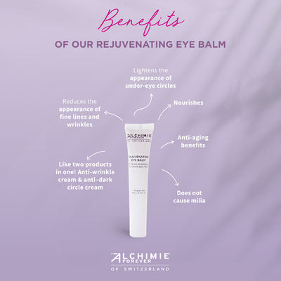 Rejuvenating Eye Balm Benefits.  Anti-aging, reduces the apparance of dark circles and fine lines and wrinkles.  