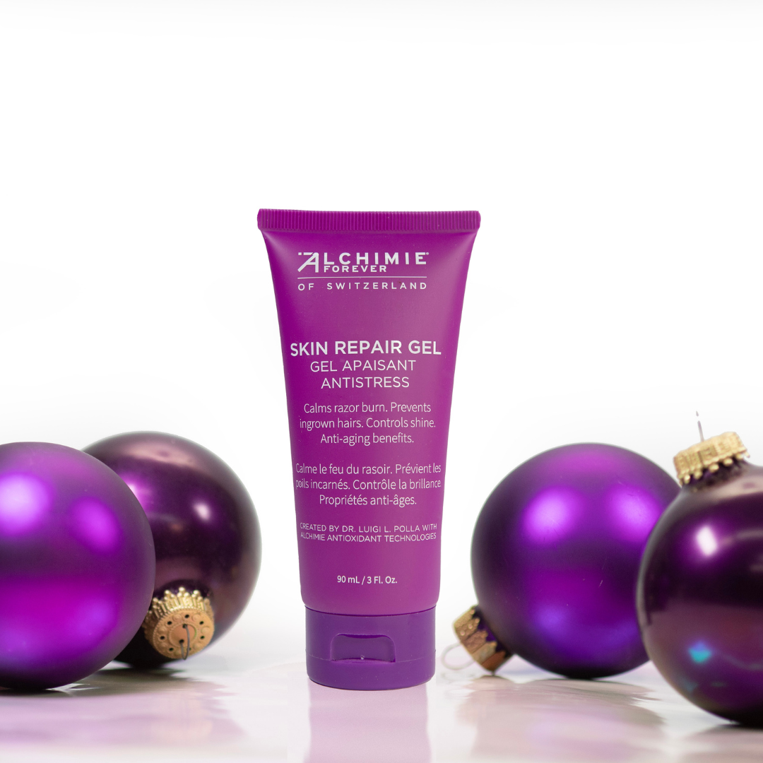 Purple tube of Alchimie Forever Skin Repair Gel with purple ornaments on a white background