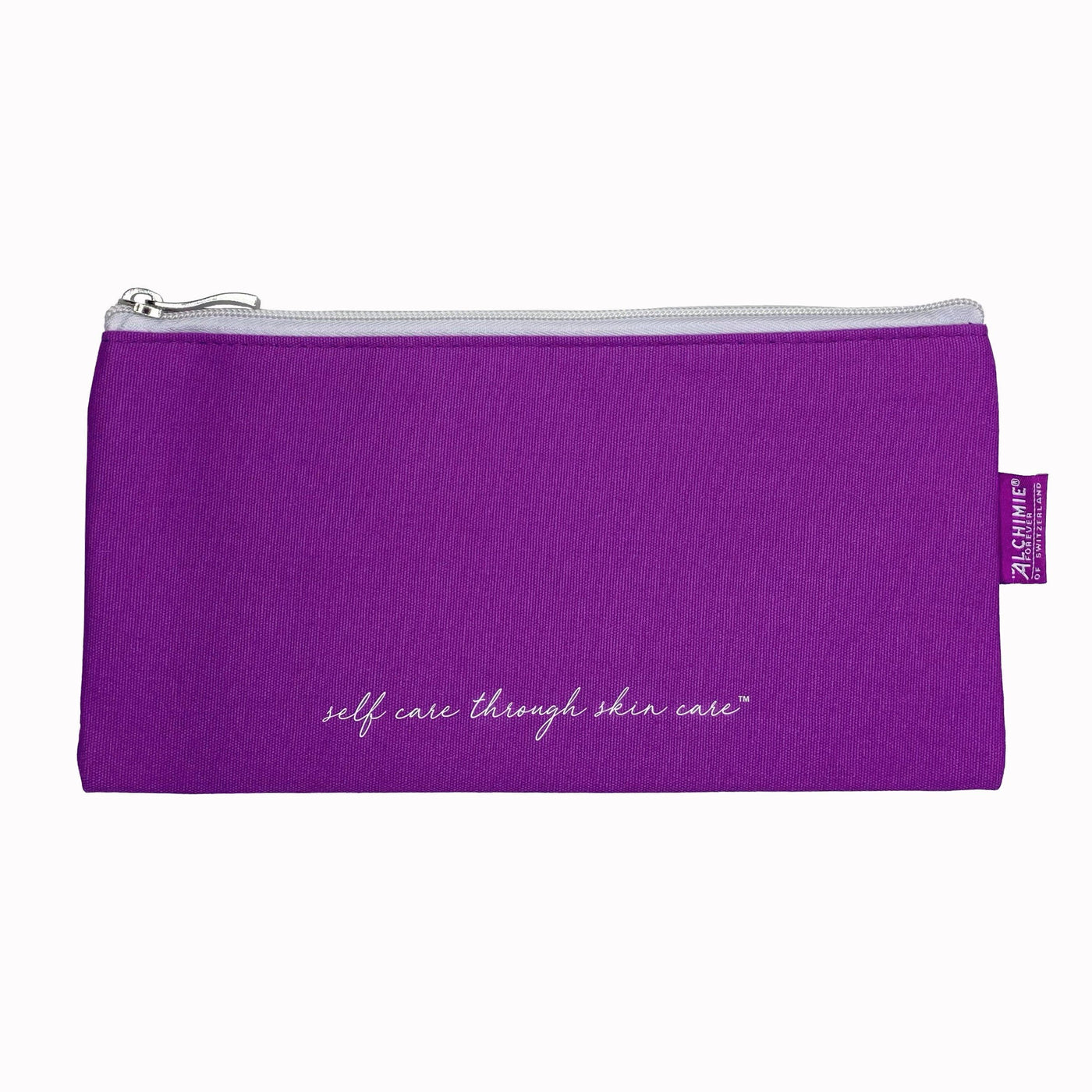 Alchimie Forever Self Care Through Skin Care purple cosmetics bag.  