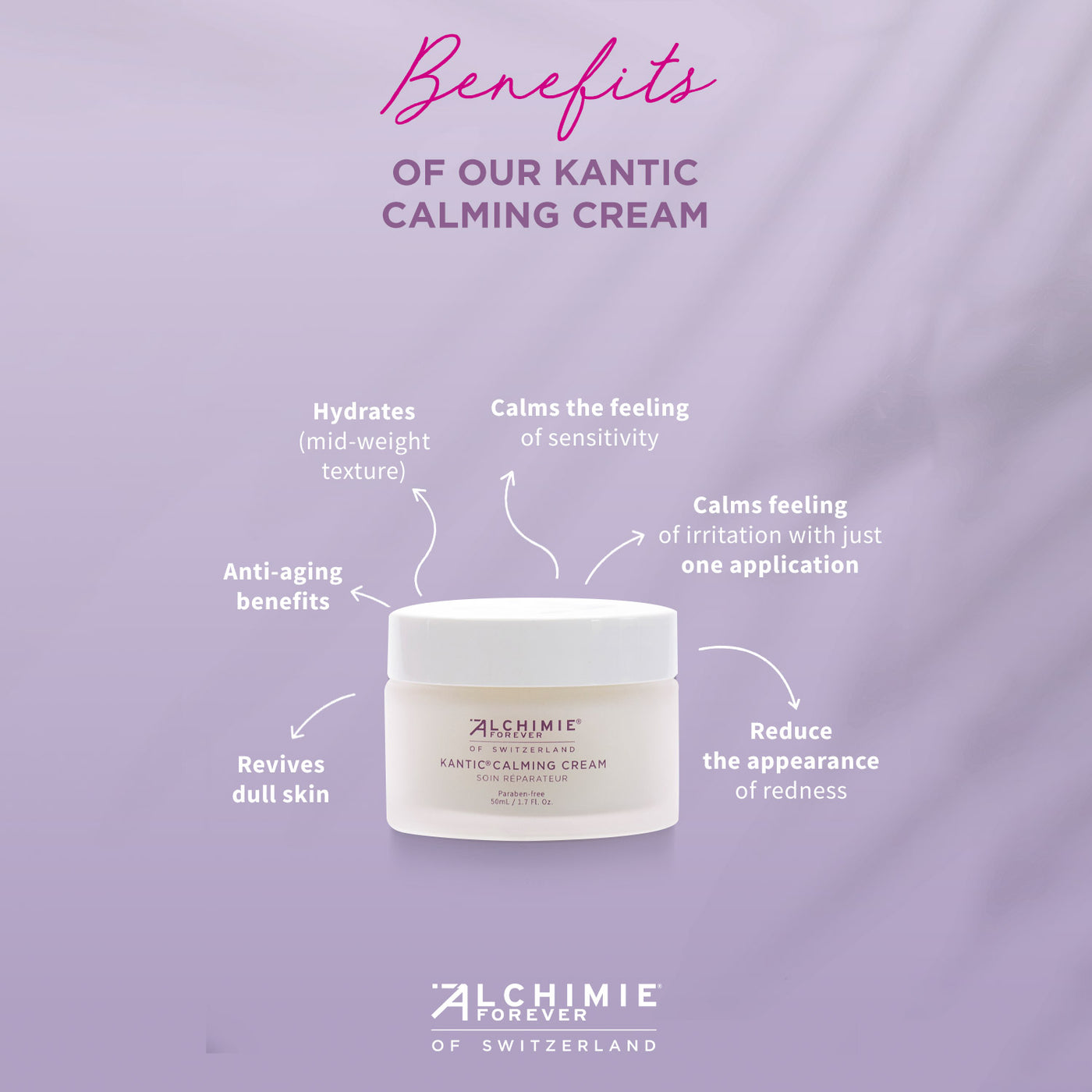 Kantic Calming Cream Benefits.  Hydrates, calms, and revies dull skin while reducing the appearance of redness.